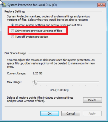 enable folders previous versions windows 10